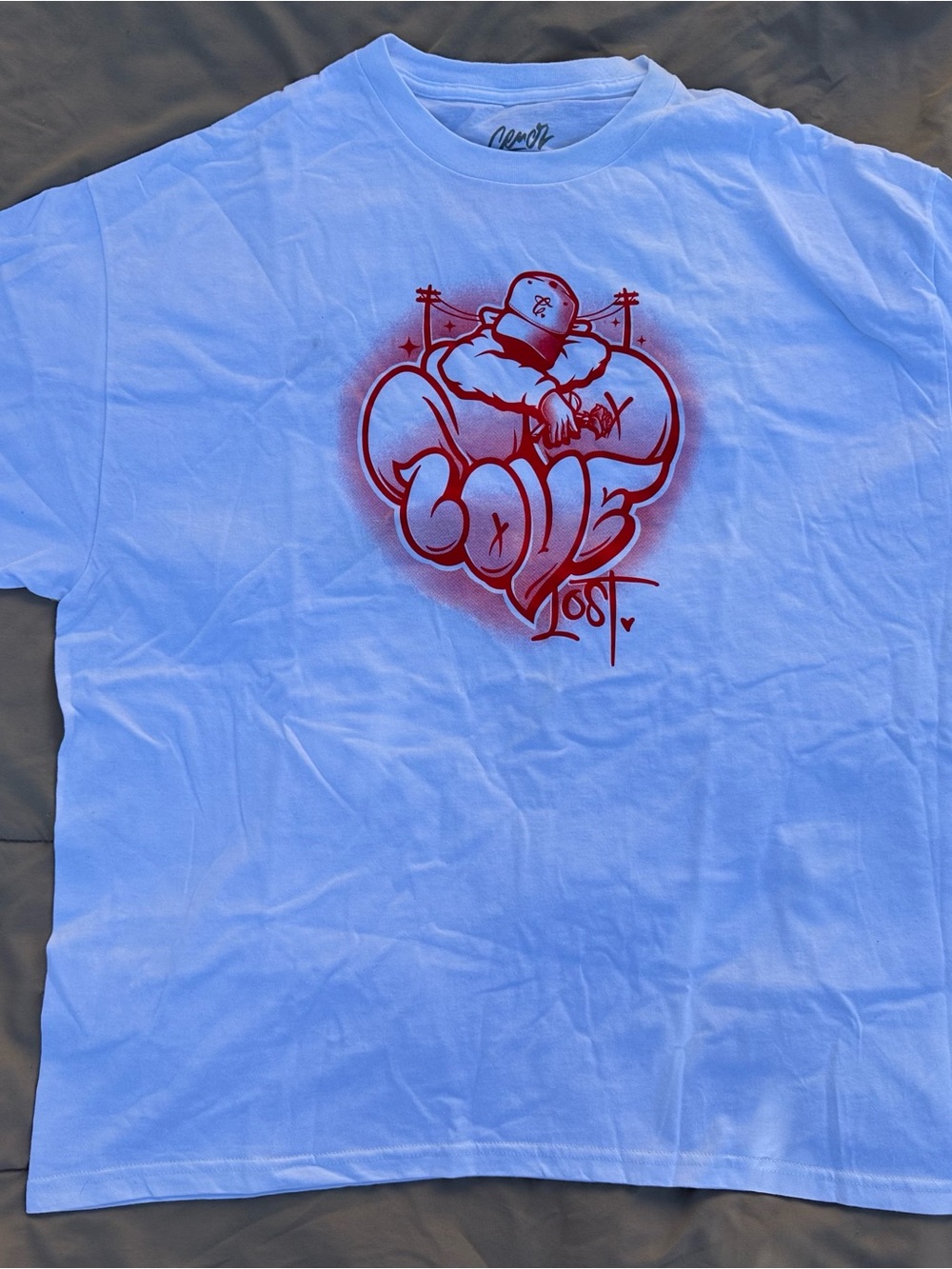 NOR White Short-Sleeve Tee with Red Graffiti Heart Graphic